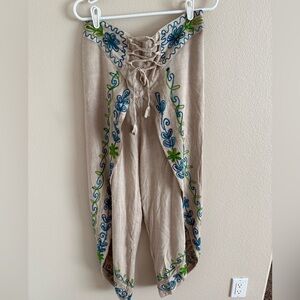 Royal Moda Wrap Style Beige Pants Embroidered w/ Blue‎ & Green Flowers & Accents
